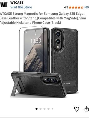 Black Leather Magnetic Kickstand Case for Samsung Galaxy S25 Edge
